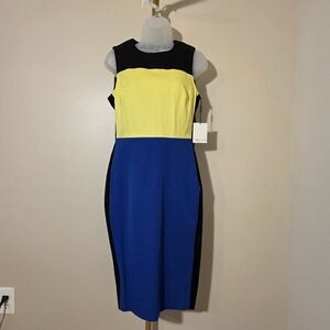 Calvin Klein Sleeveless Colorblock Yellow Black Blue Sheath Dress Sz 8